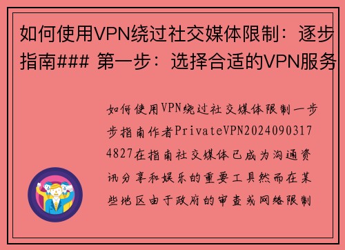 如何使用VPN绕过社交媒体限制：逐步指南### 第一步：选择合适的VPN服务首先，你需要选择一